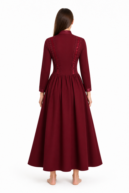 Gothic Lace Dress with High Collar, Burgundy back view
