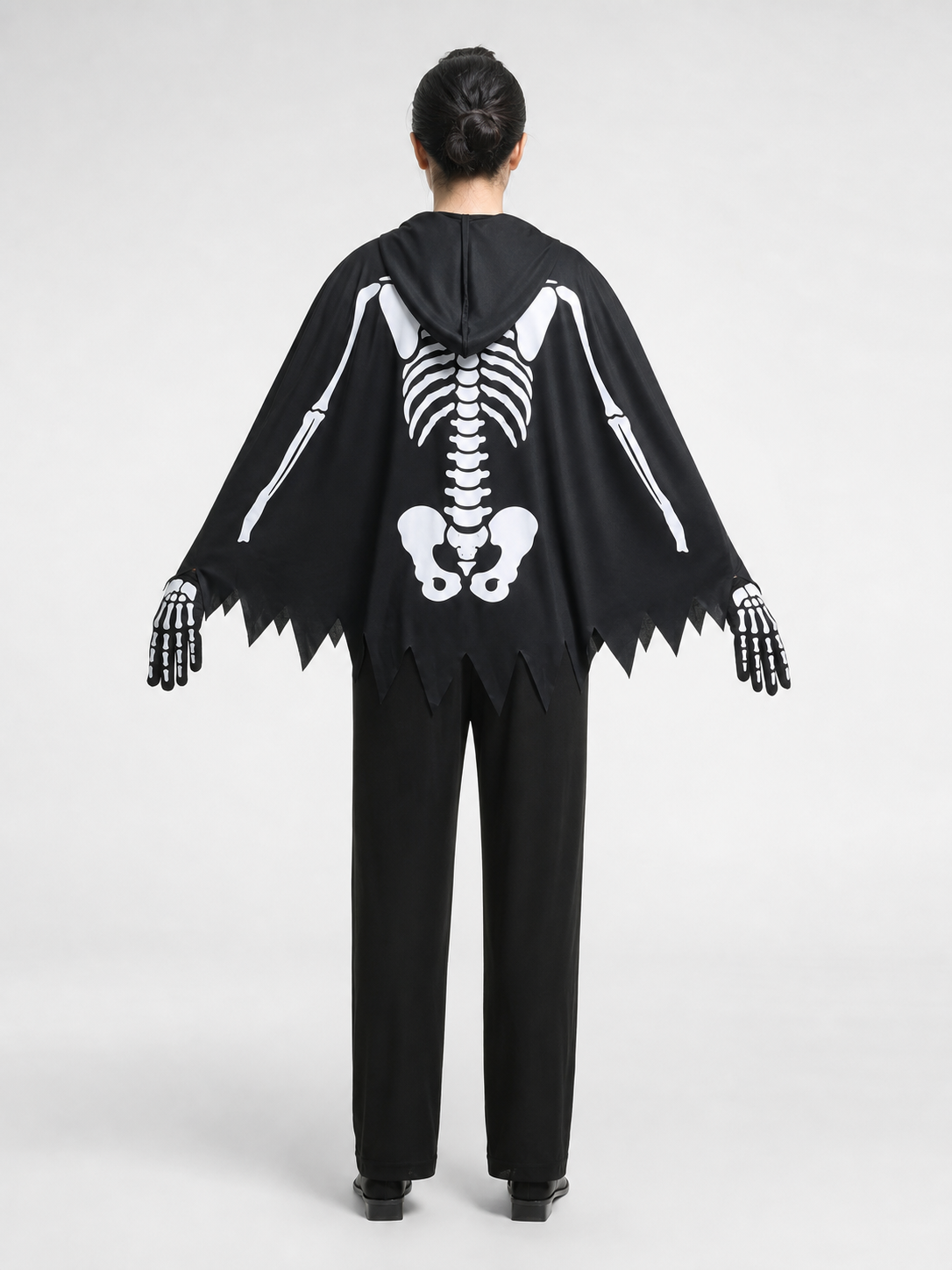Skeleton Costume with Hood and Gloves back view
