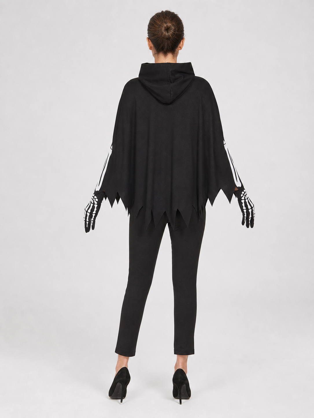 Black Hooded Cape with Skeleton Print back view