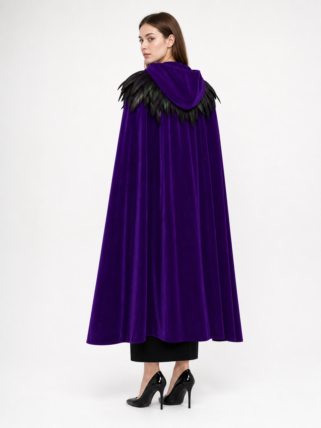 Purple Velvety Hooded Cape with Feathers