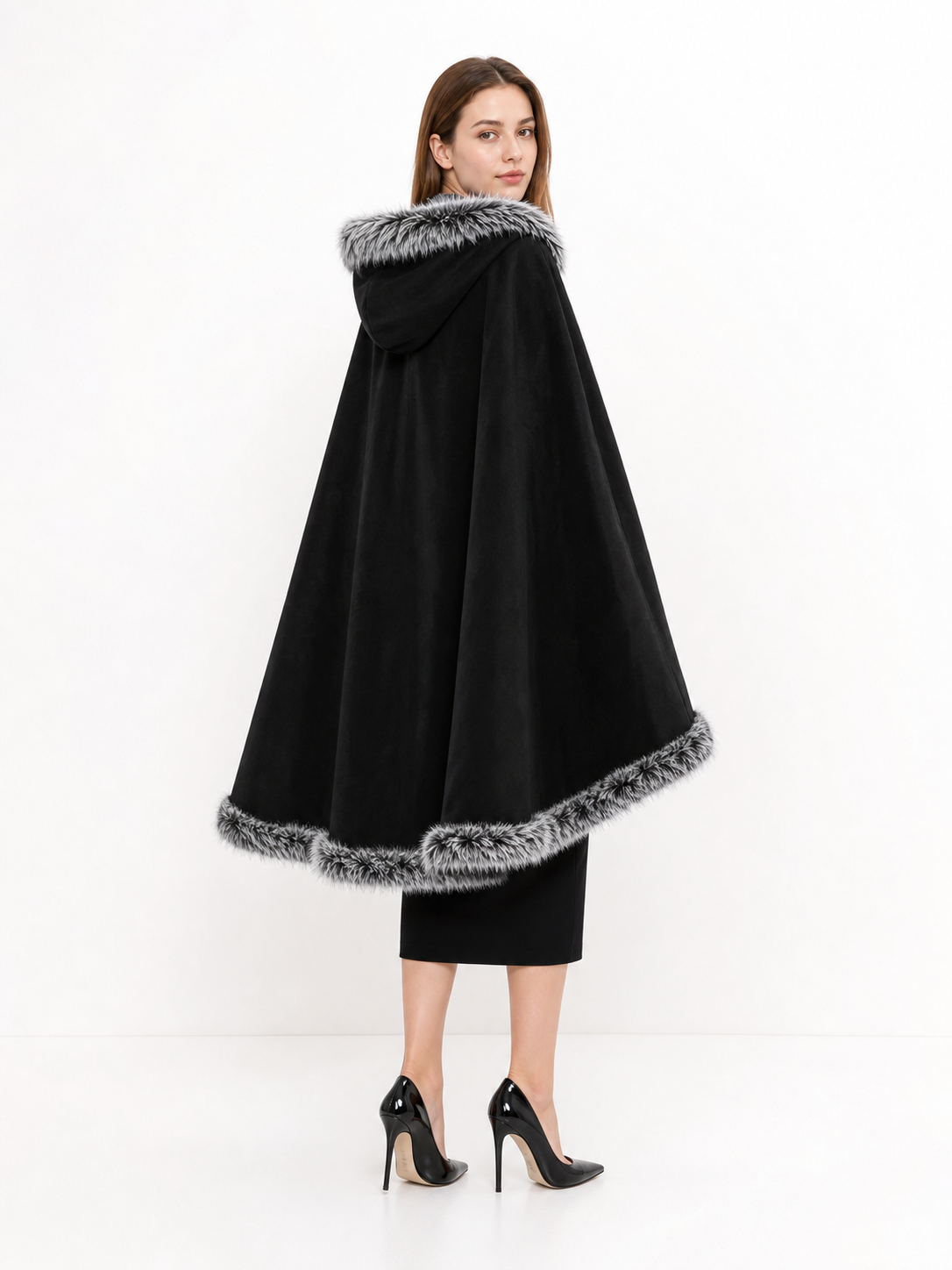 Black carnival cape with hood and shaggy trim