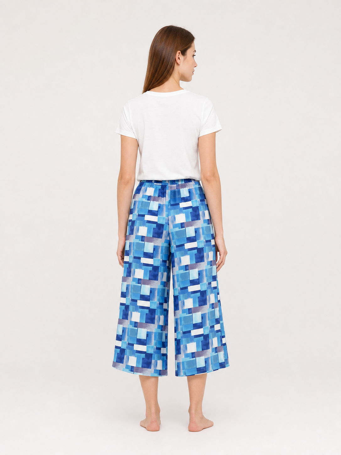 Blue and White Palazzo Pants with Geometric Print back view