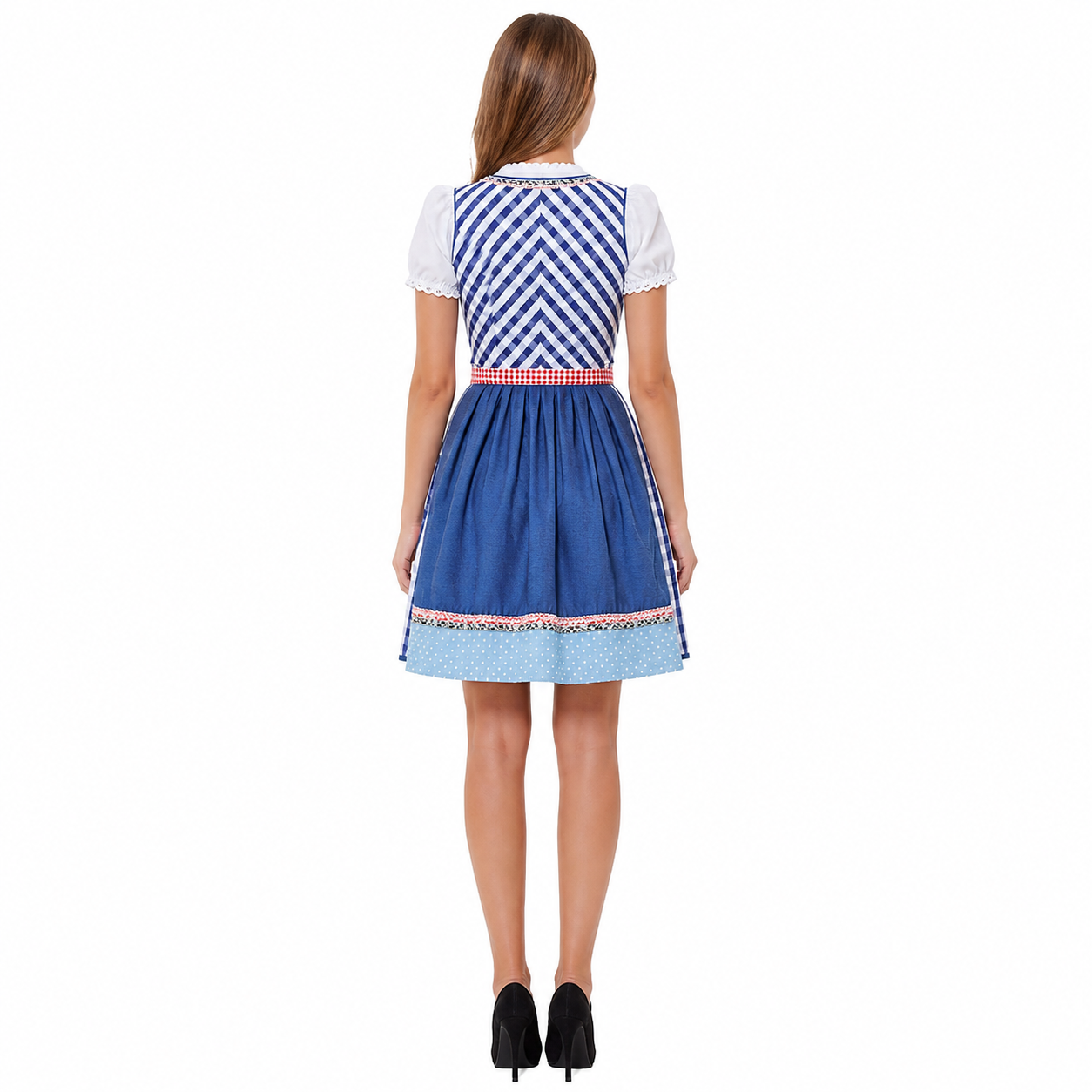 Folk-Style Plaid and Polka Dot Dress with Bow back view