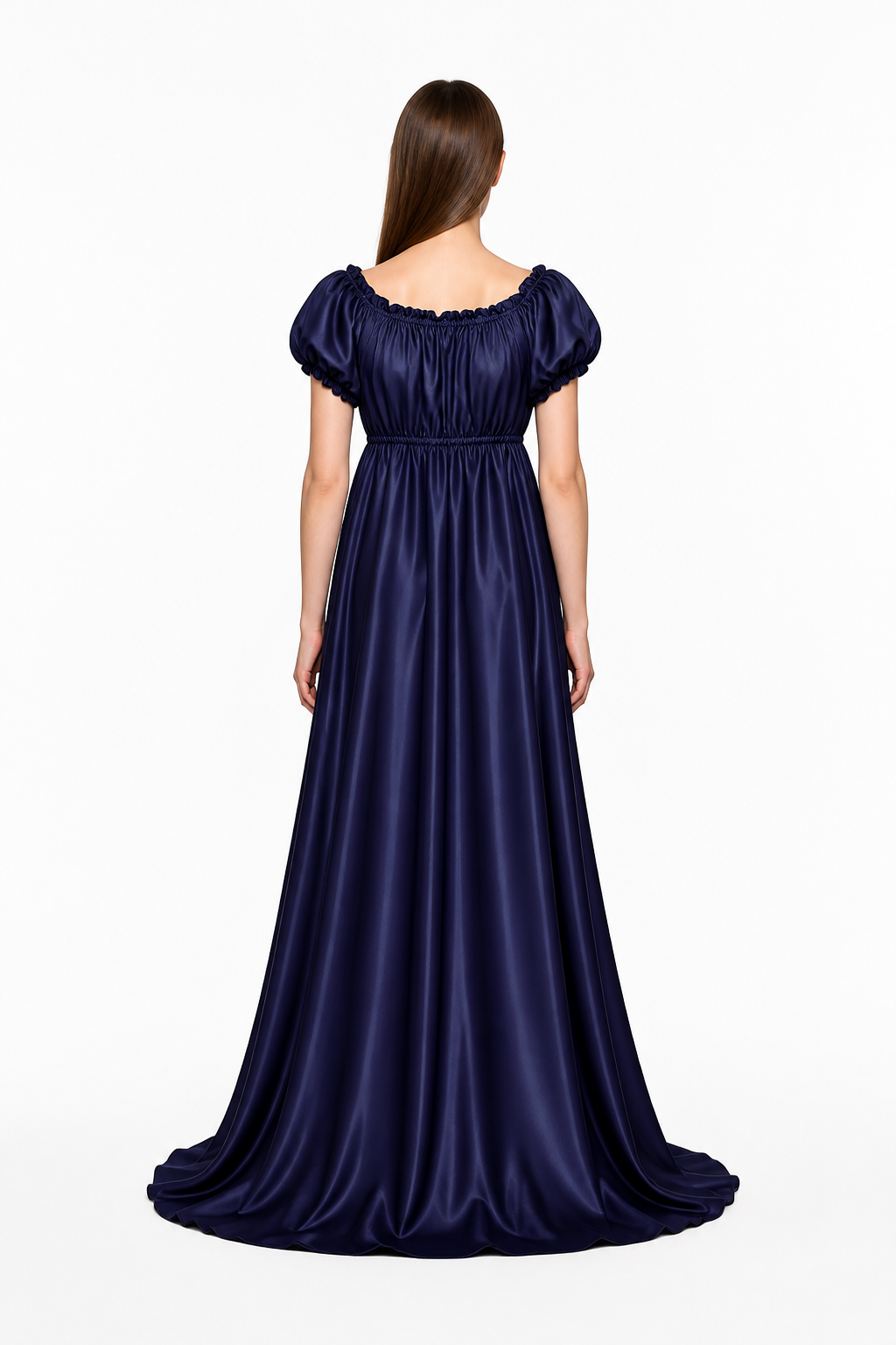 Retro Bridgerton-Style Dress, Dark Blue, Long back view
