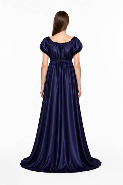 Retro Bridgerton-Style Dress, Dark Blue, Long back view