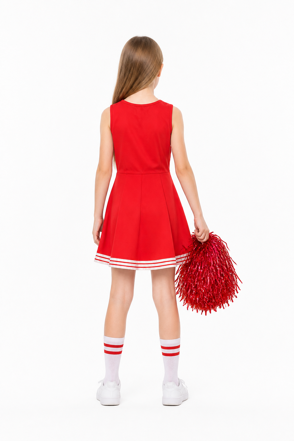 Red Children's Cheerleading Dress with White Stripes back view