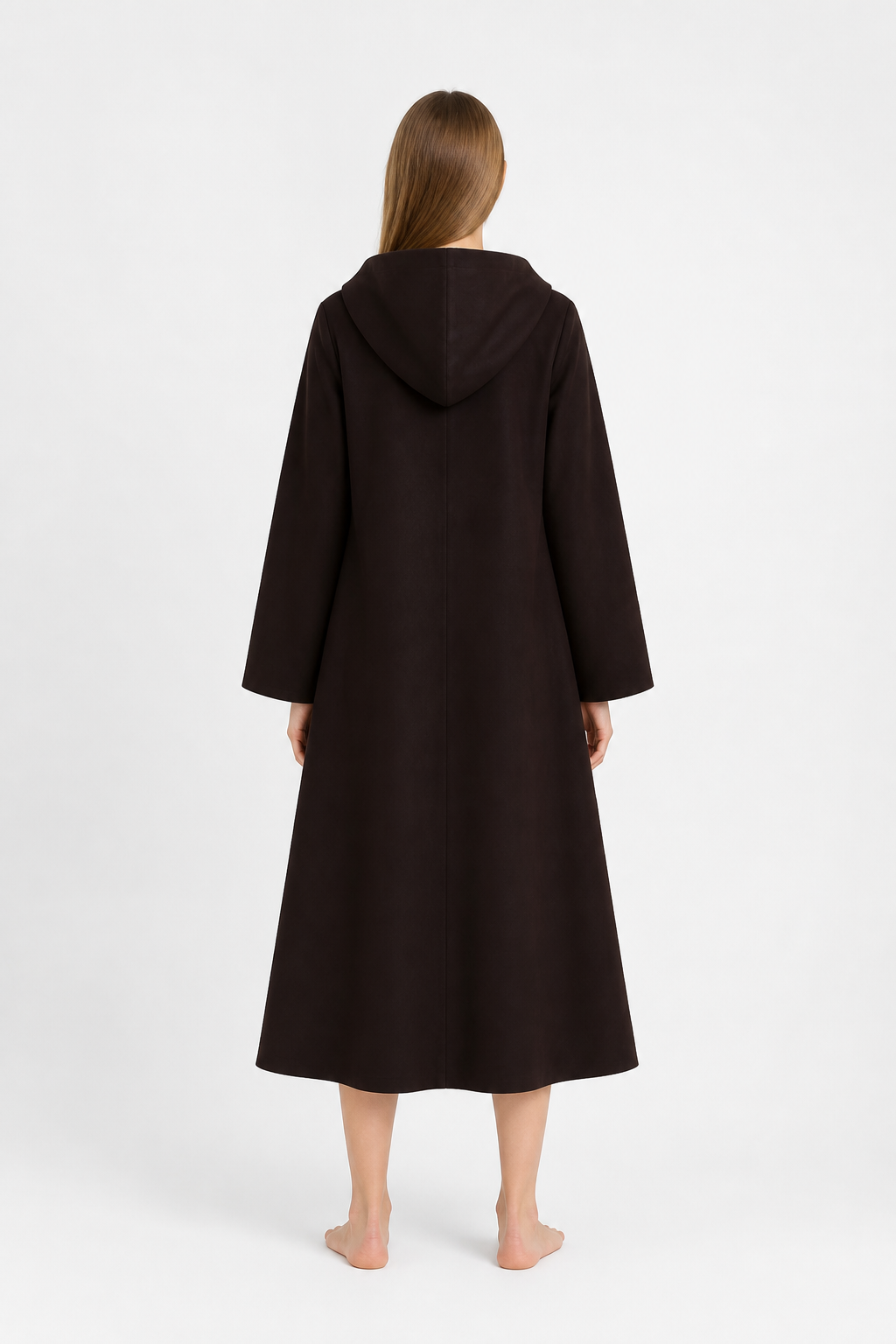 Long Black Robe with a Hood and Wide Sleeves back view
