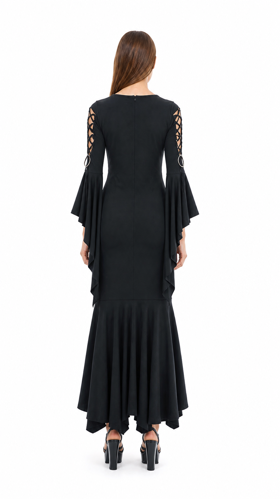 Long Black Gothic Lace-Up Dress back view