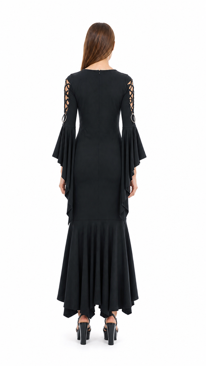 Long Black Gothic Lace-Up Dress back view