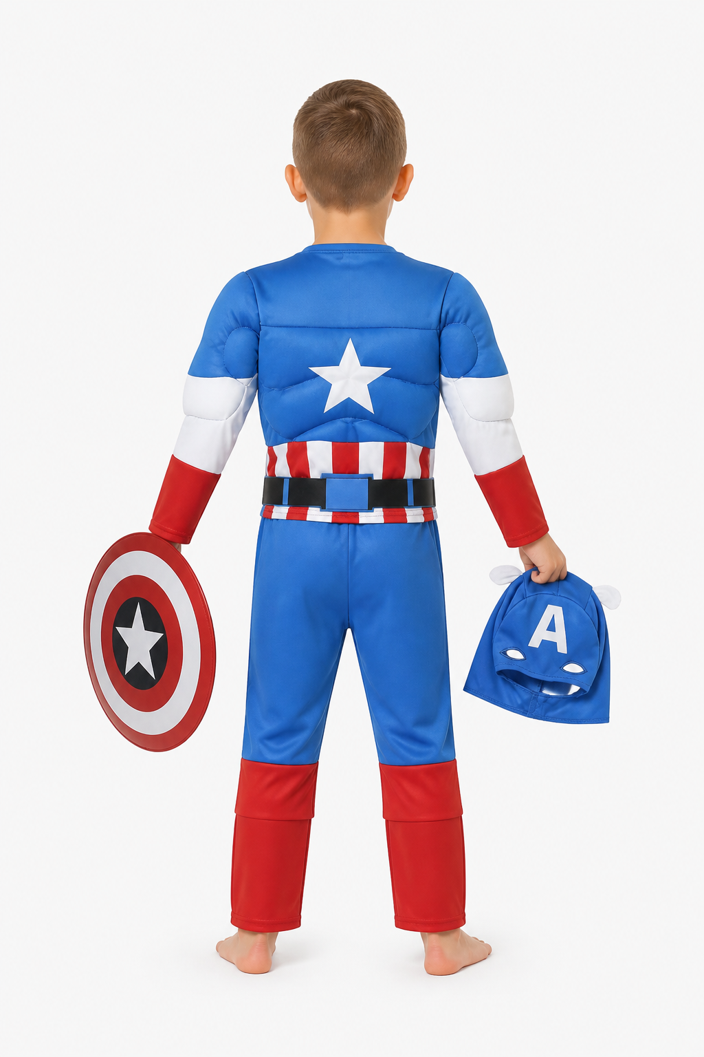 Children's Captain America Costume with Muscles and Shield back view