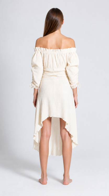 Long Dress with Off-the-Shoulder Neckline and Asymmetrical Hem back view