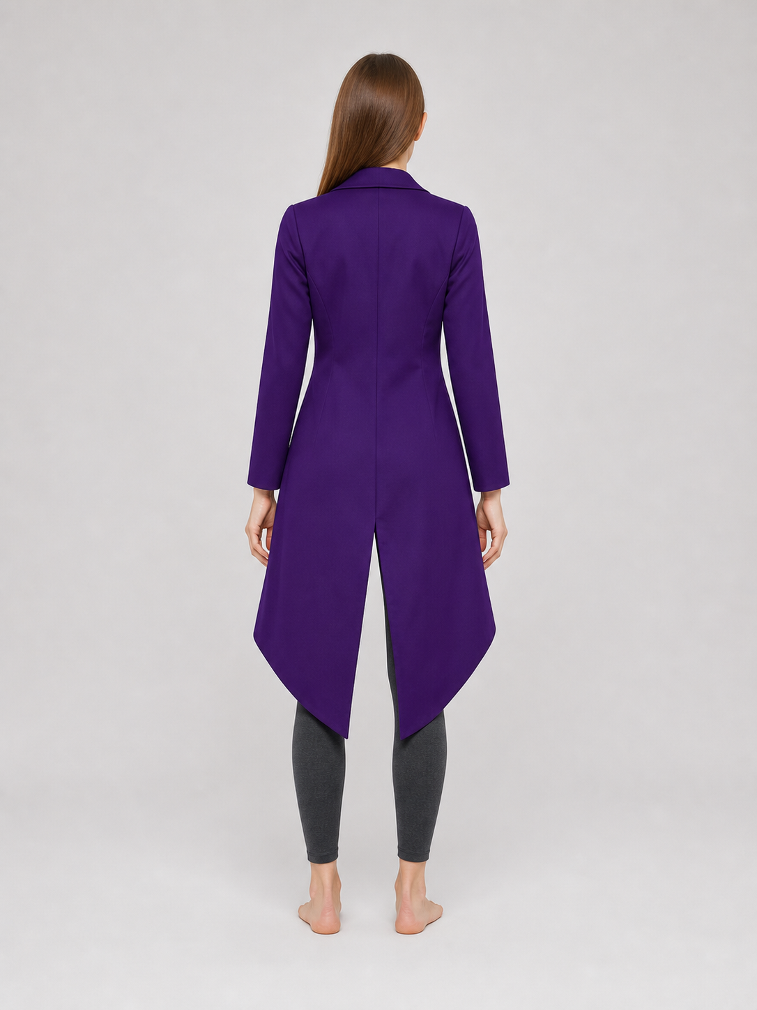 The model is designed as a long tailcoat-style coat with a vintage aesthetic and
