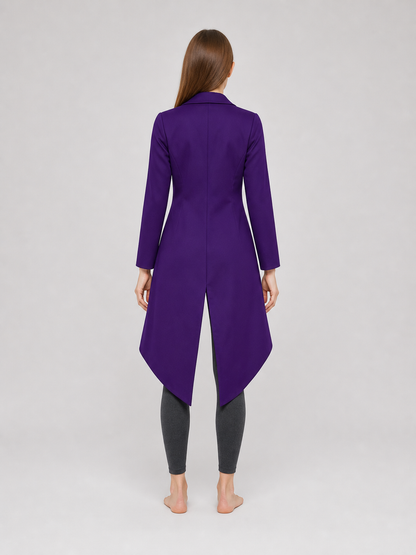The model is designed as a long tailcoat-style coat with a vintage aesthetic and