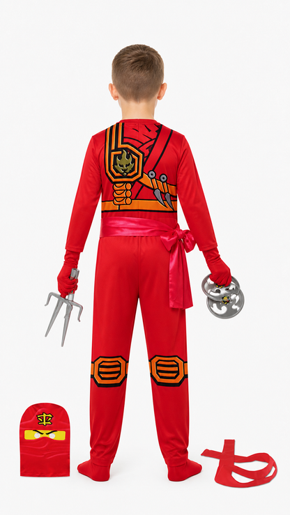 Red Ninja Jumpsuit with Mask and Gloves back view