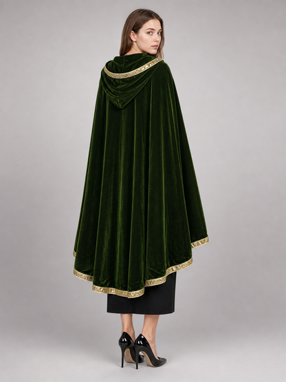 Green costume cloak with hood, gold trim