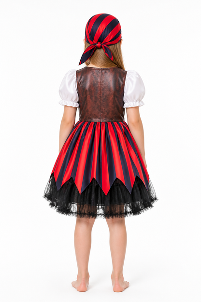 Children's Pirate Costume with Striped Dress and Bandana back view