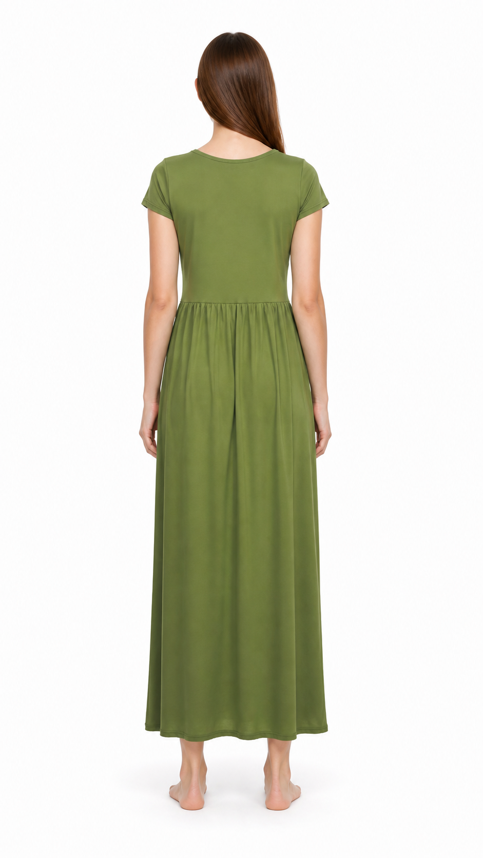 Olive Dress with Short Sleeves and Gathering at the Waist back view