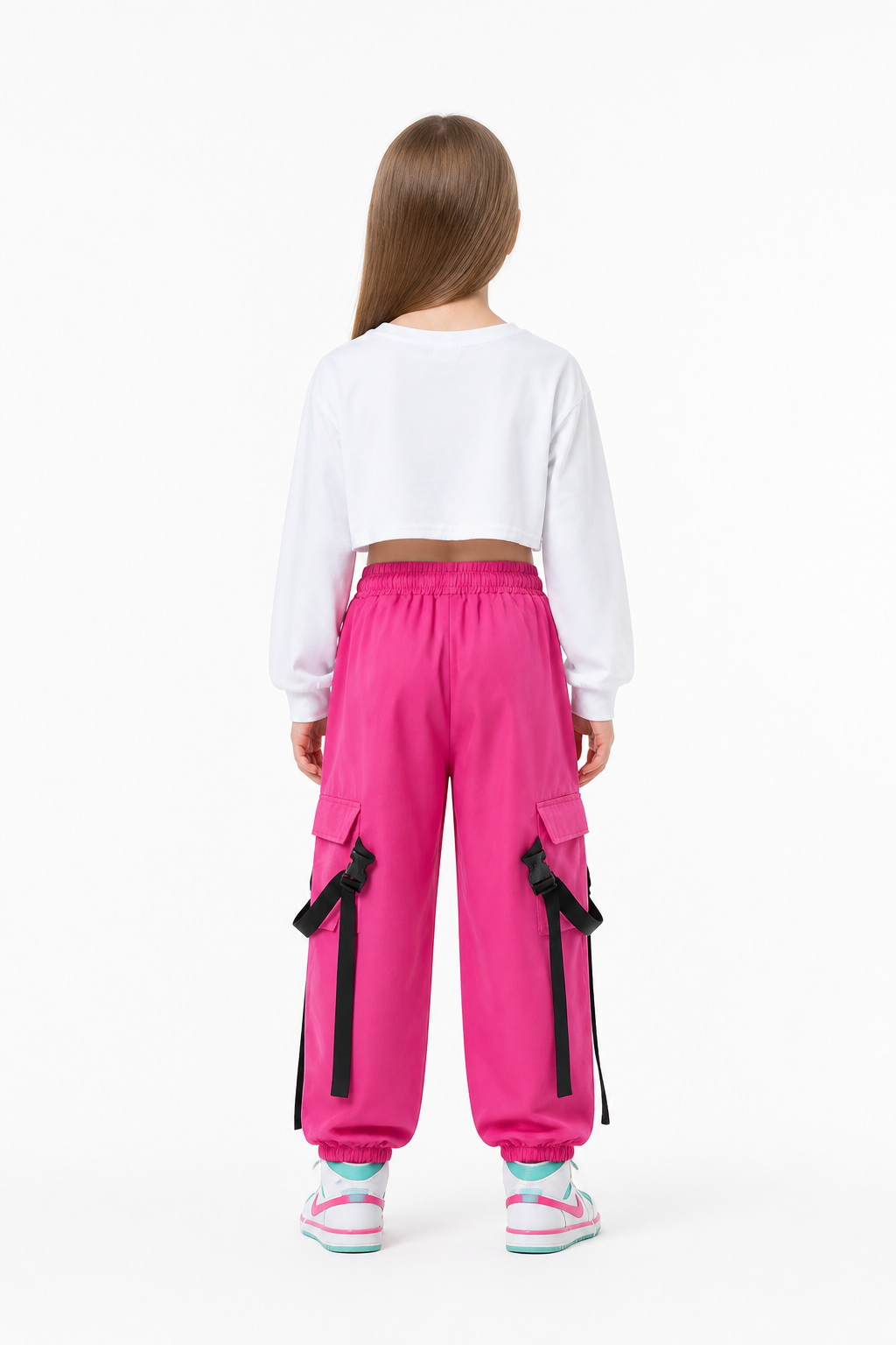 Kids' Set: White Printed Top and Pink Cargo Pants back view