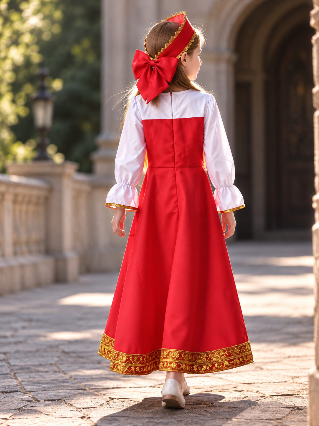 gold red russian folk-style long-sleeve costume dress with headwear product image 4