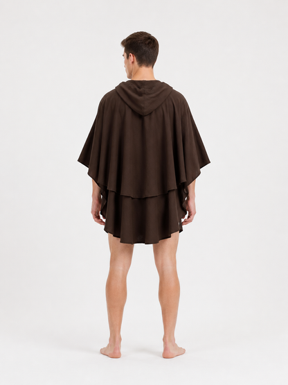 Women's Hooded Wanderer Cloak Costume with Layered Hem, Shoulder Draped Pleats back view 6