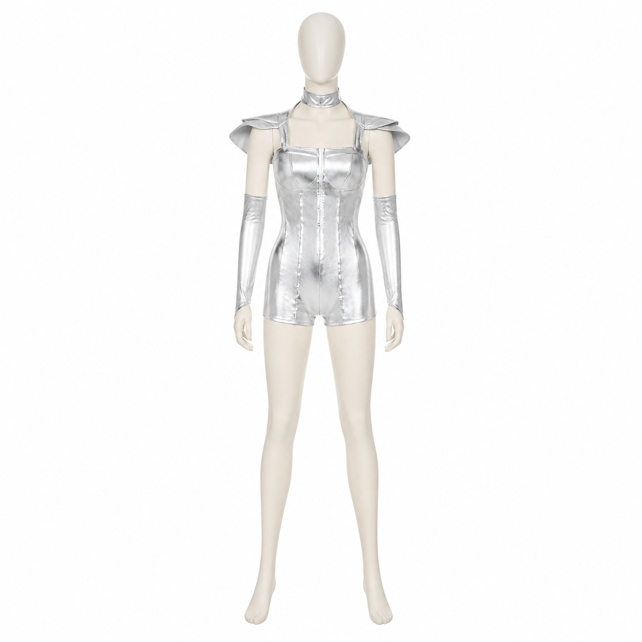 Silver cosplay romper with wings back view