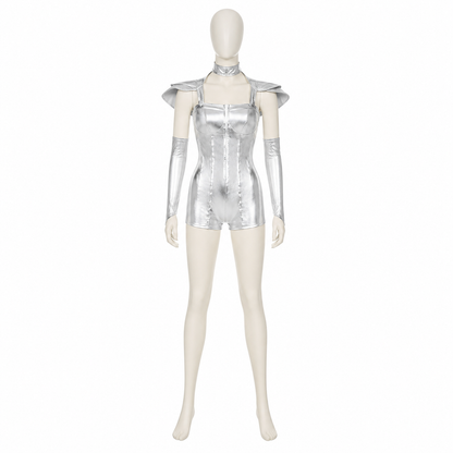 Silver cosplay romper with wings back view