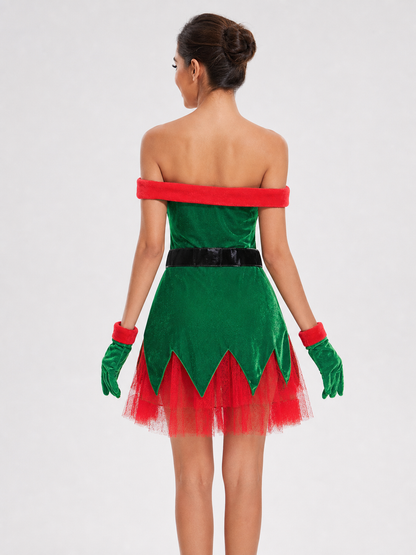 Christmas Elf Costume with Green Skirt and Red Trim