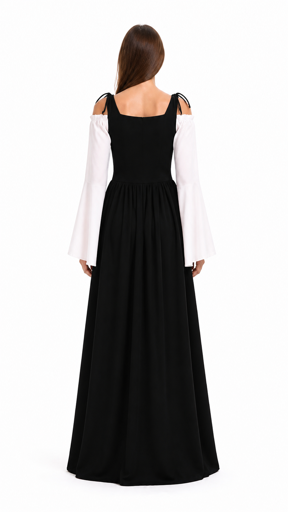 Vintage floor-length dress, black and white, with a full skirt back view