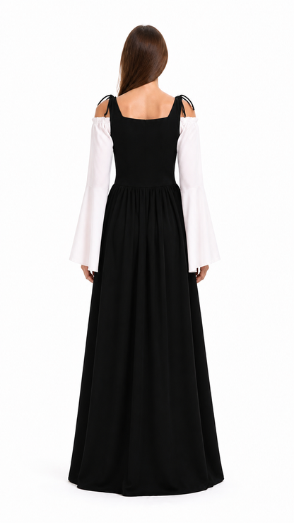 Vintage floor-length dress, black and white, with a full skirt back view