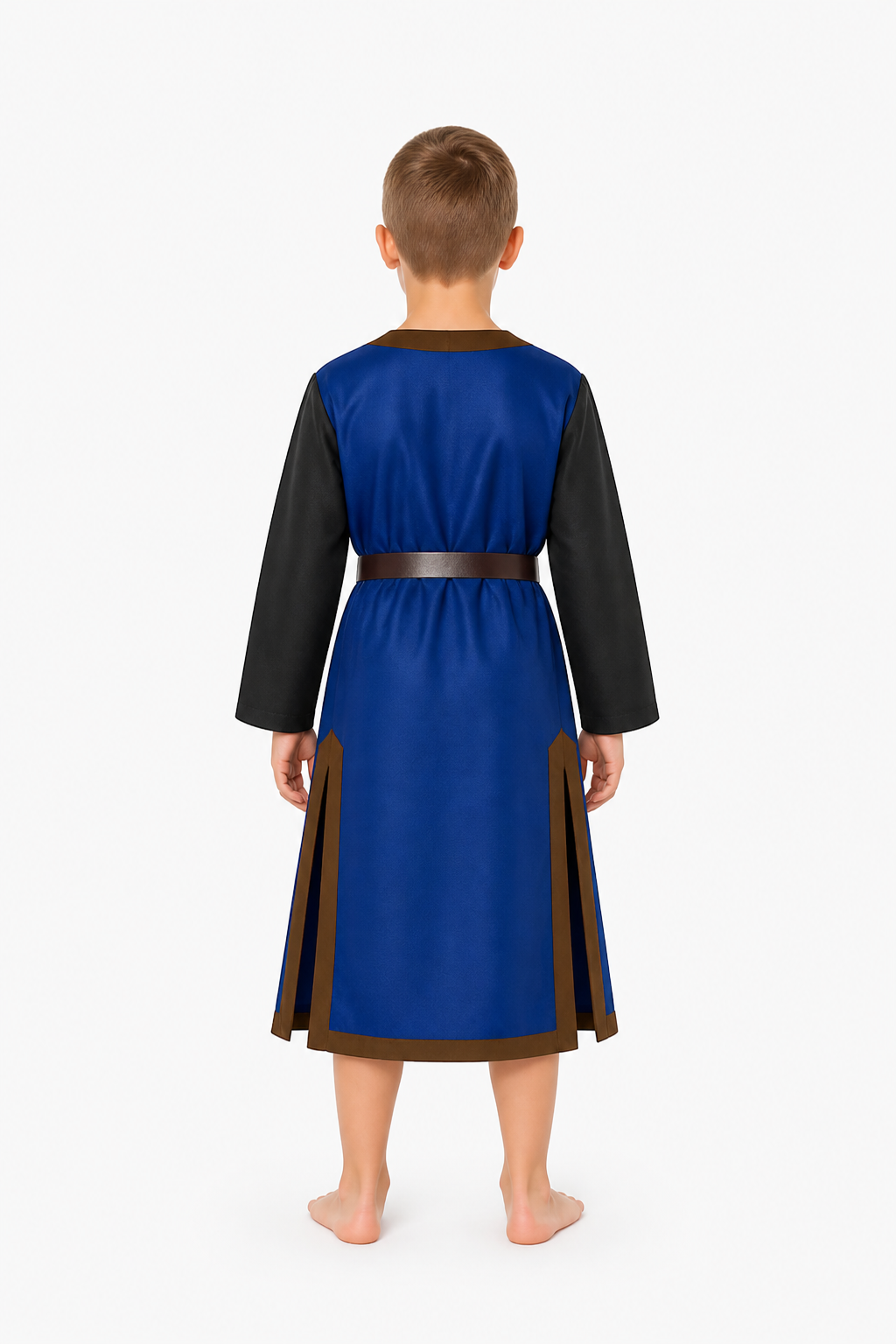 Medieval Robe with Belt and Patchwork, Blue and Brown back view