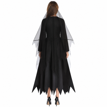 Black Long Hooded Cape with Torn Hem back view