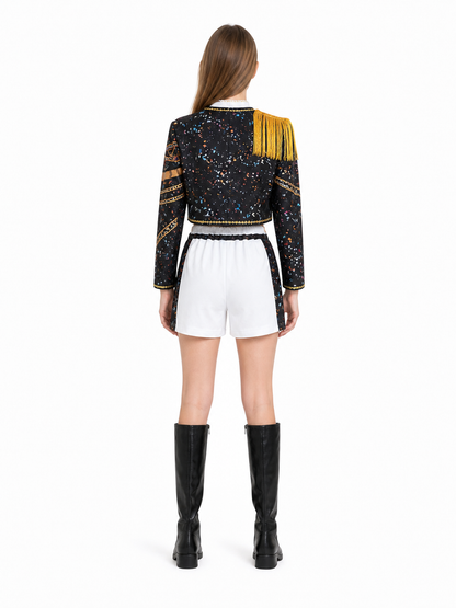 Children’s cosplay costume: jacket, top, and shorts back view