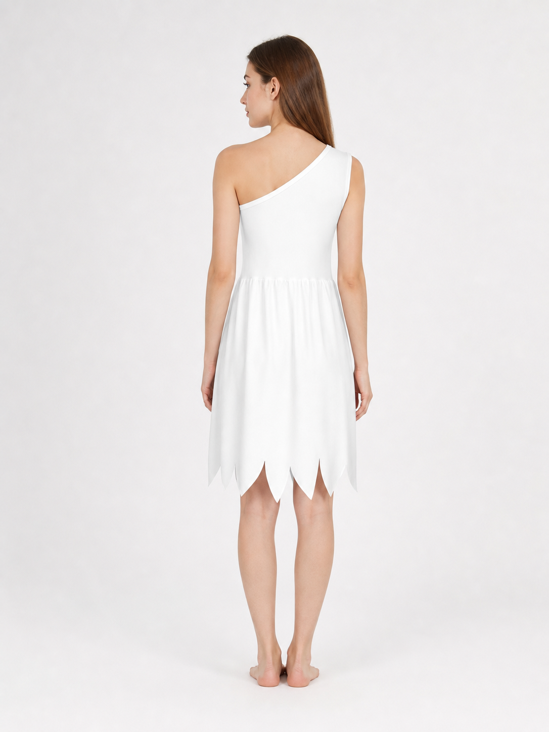 Women's White Cavewoman Costume Dress: One-Shoulder Asymmetric Neckline back view 3