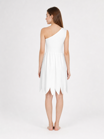 Women's White Cavewoman Costume Dress: One-Shoulder Asymmetric Neckline back view 3
