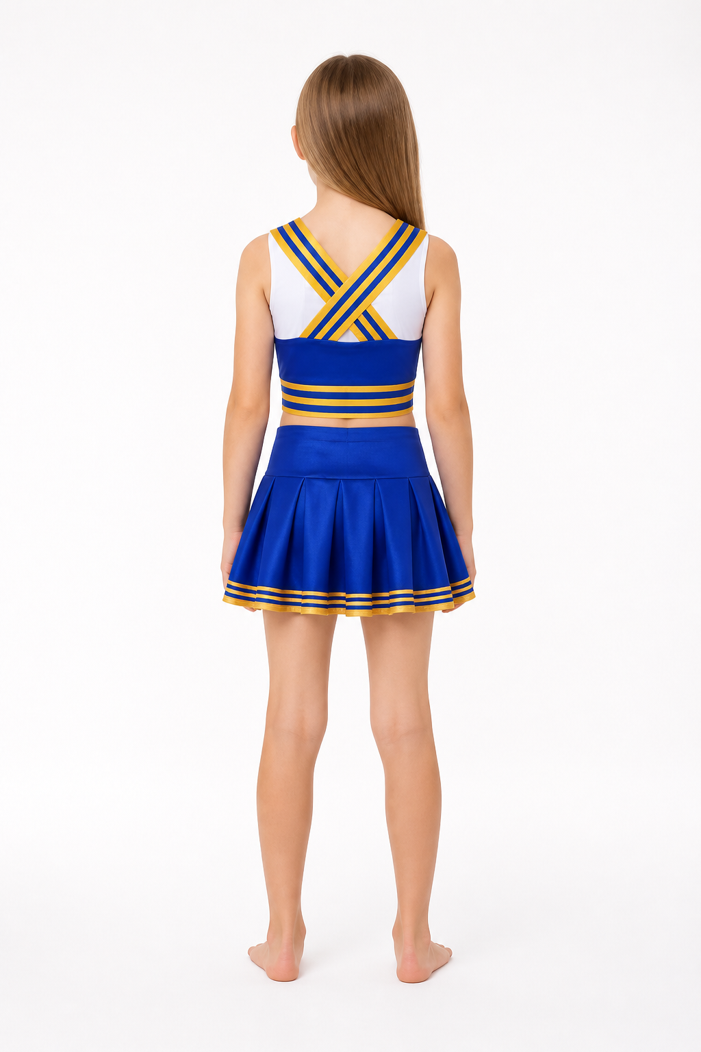 Back view of the TS cheer costume with crisscross blue and yellow striped straps