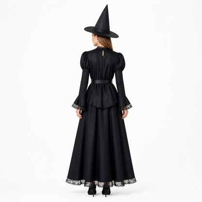 Witch Costume with Black Lace Dress, Hat, and Belt back view