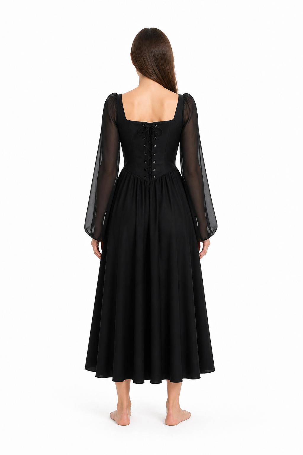 Black Renaissance Dress with Bell Sleeves and Lace-Up Detail back view