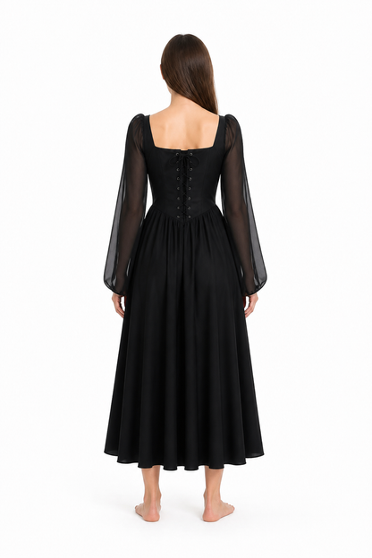 Black Renaissance Dress with Bell Sleeves and Lace-Up Detail back view