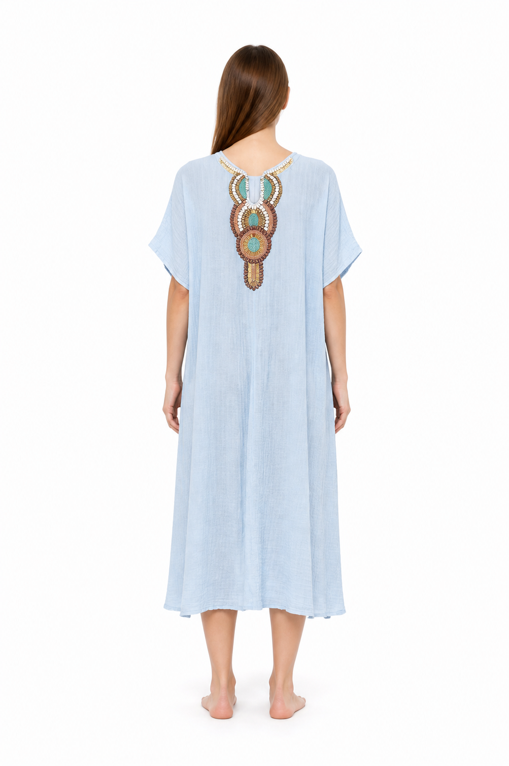 Loose-Fit Embroidered Midi Dress with Short Sleeves back view
