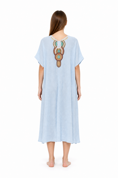 Loose-Fit Embroidered Midi Dress with Short Sleeves back view
