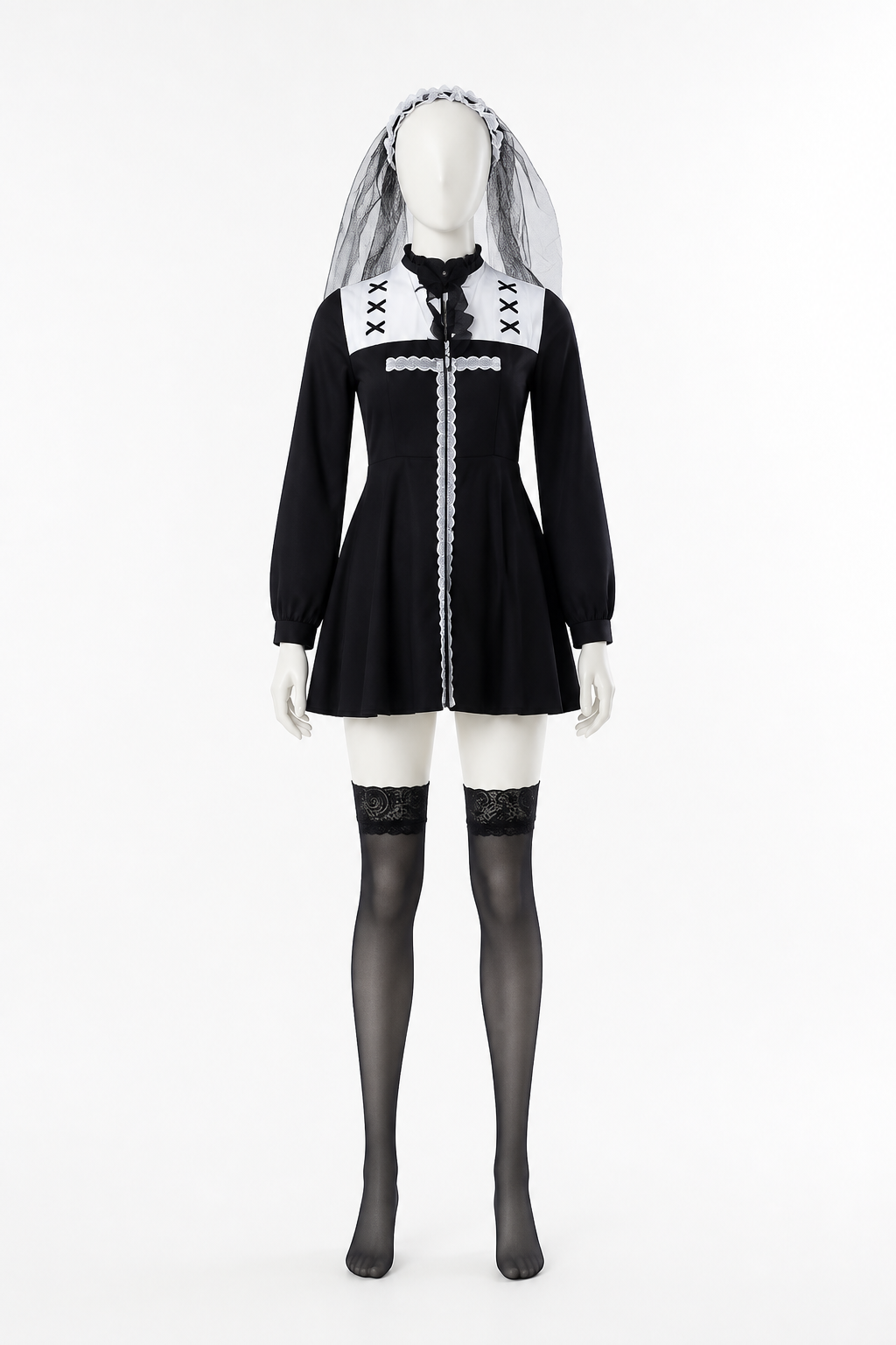 Black and White Stage Costume with Veil for Halloween