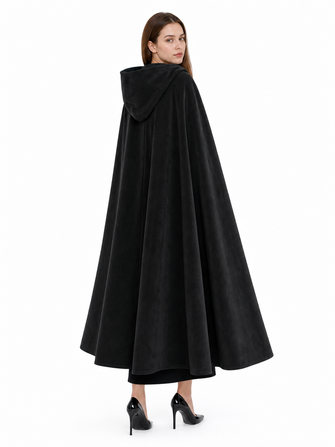 Long black hooded costume cloak