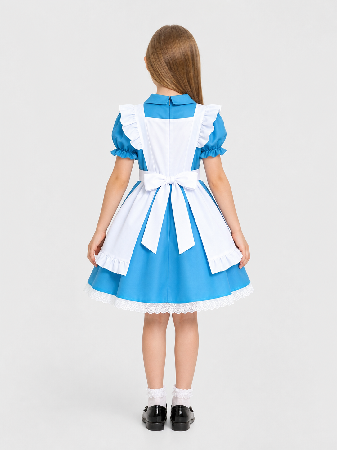 Dress with an apron, stand collar, and ruffles