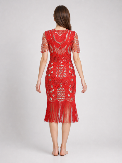 Retro-Style Cocktail Dress with Sequins and Fringe