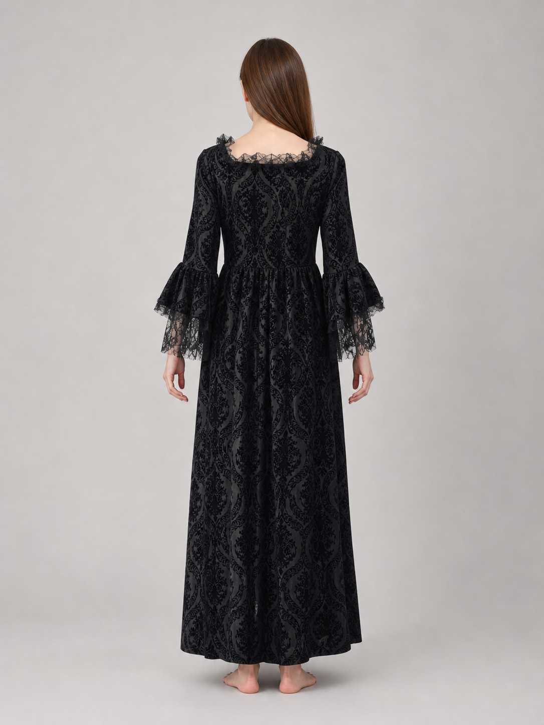 Gothic Vintage Maxi Dress with Lace Trim
