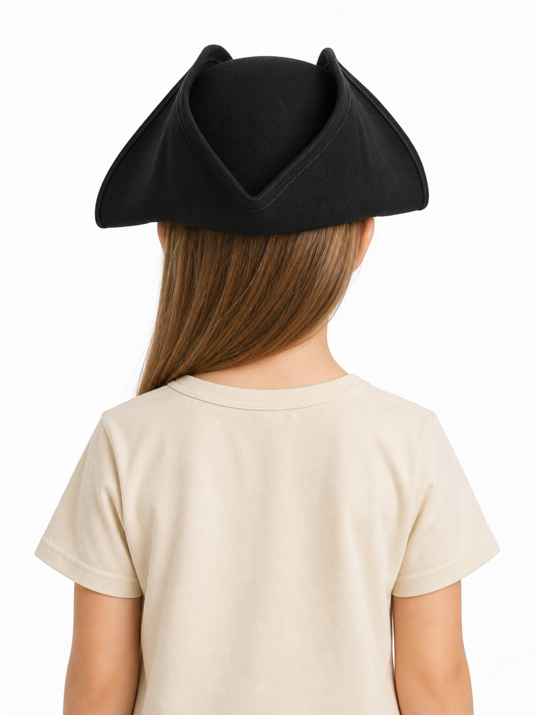Children's Pirate Hat, Black Wide-Brim Tricorn Style Costume Hat with Turned-Up Sides, Pointed Crown Sections and Stitched Edging for Dress-Up Play and Costume Parties