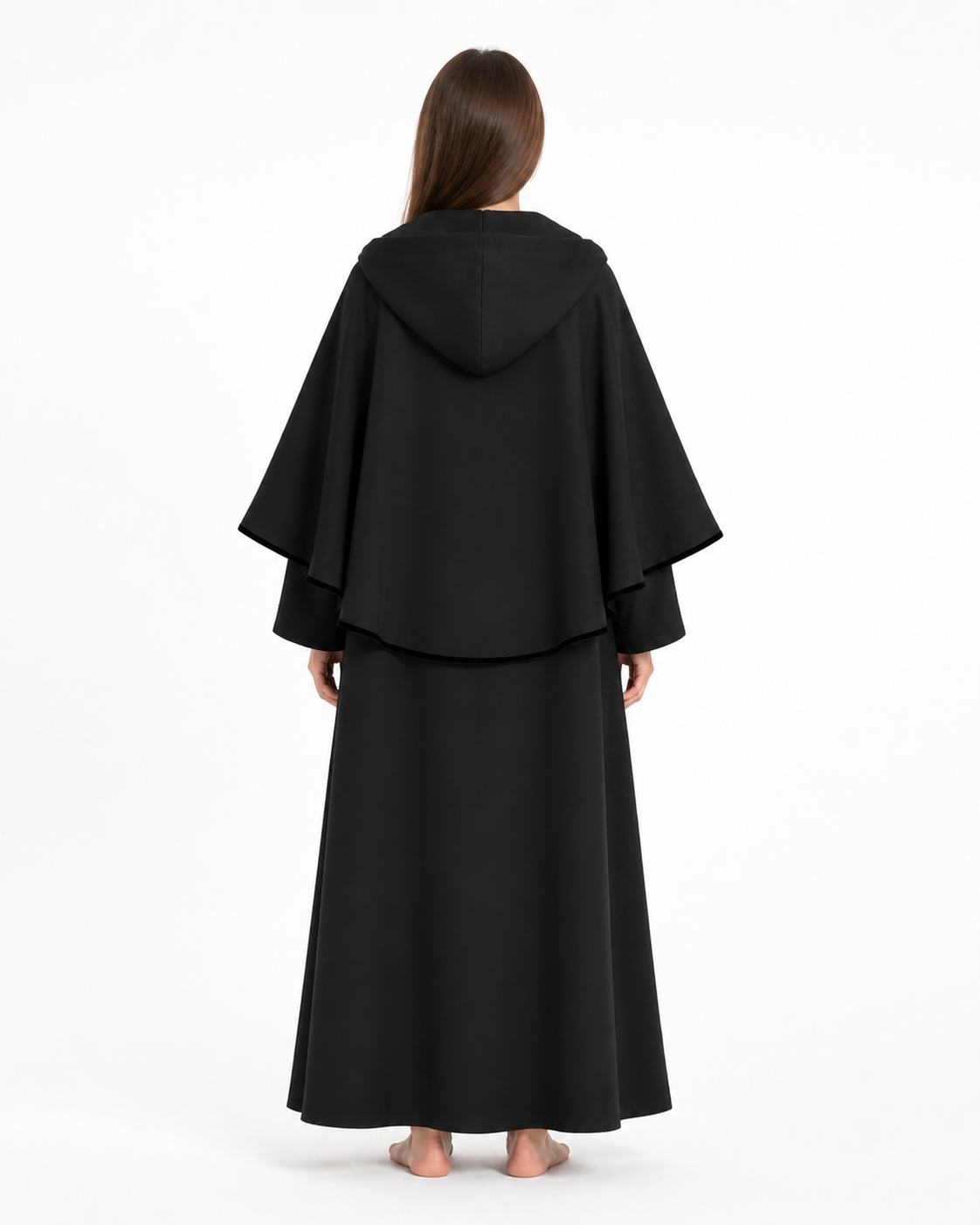 Long Black Hooded Cloak for Halloween back view