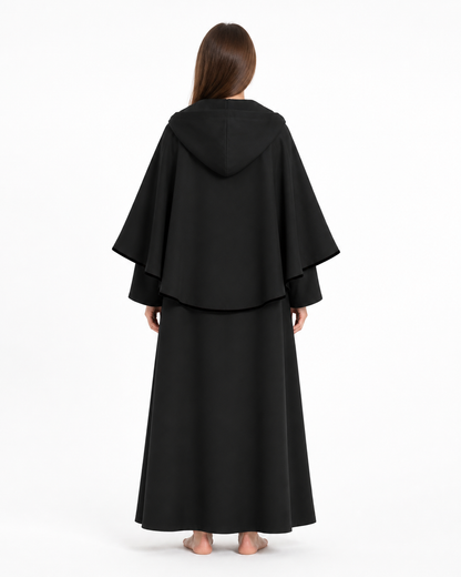 Long Black Hooded Cloak for Halloween back view