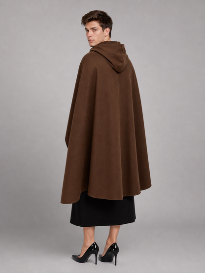 Medieval Fantasy Hooded Cloak, Deep Brown Long Draped Cape with Overlapping Front and Pointed Hem for Role Play, Stage Styling and Outdoor Wear