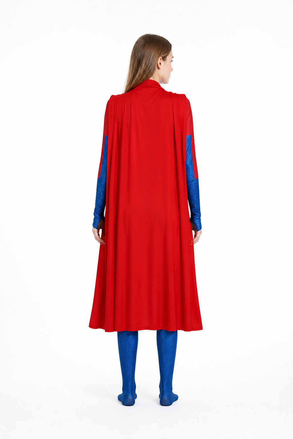 Red and Blue Cosplay Jumpsuit with Cape back view